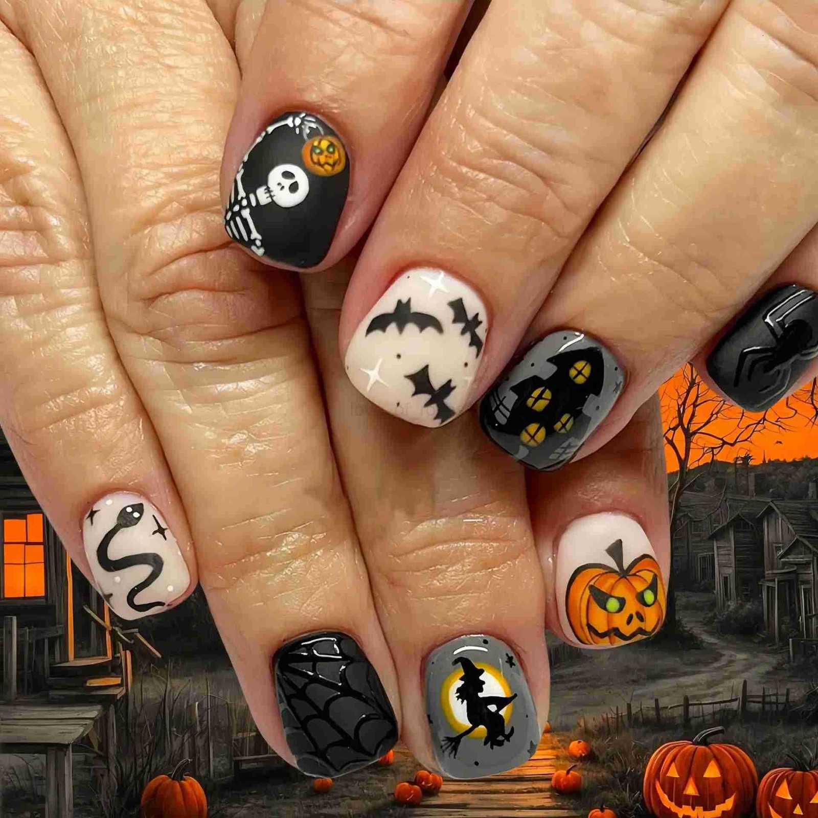 24PCS Halloween False Nails with Glue Pumpkin Ghost Pattern Dark Short Square Press-on Nails Full Cover Wearable Fake Nail Tools Z250807