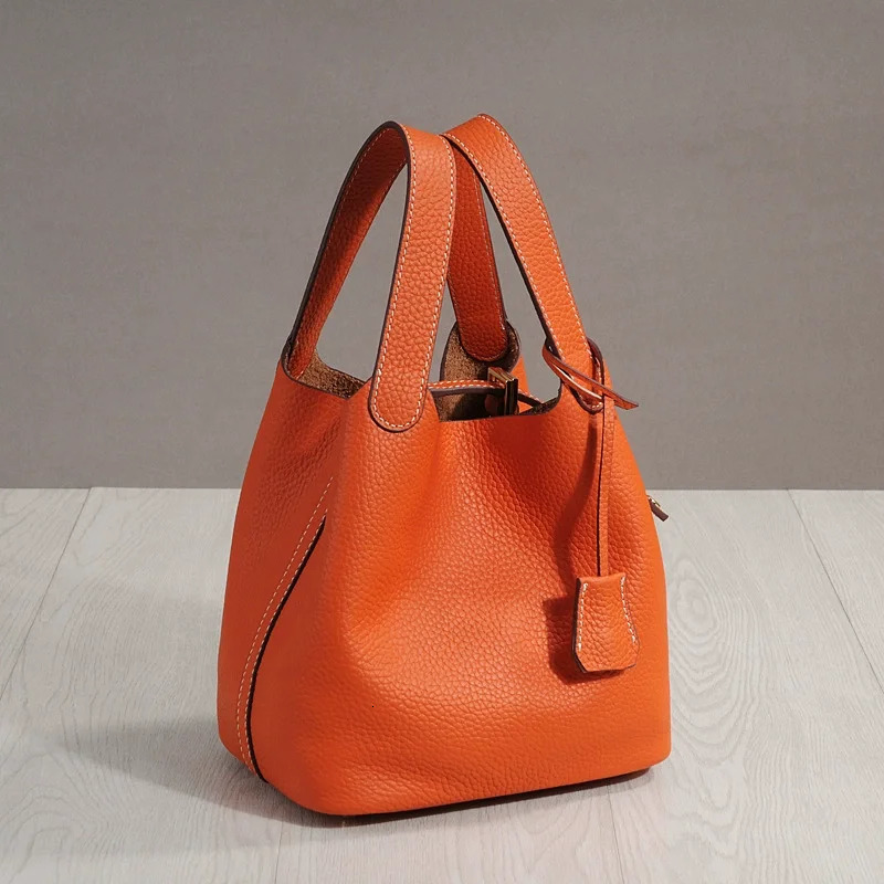 Trendy Genuine Cow Leather Lunch Bag 2024 Imported Bucket Bag Food Basket Picnic Handbag Soft Top-handle 250804