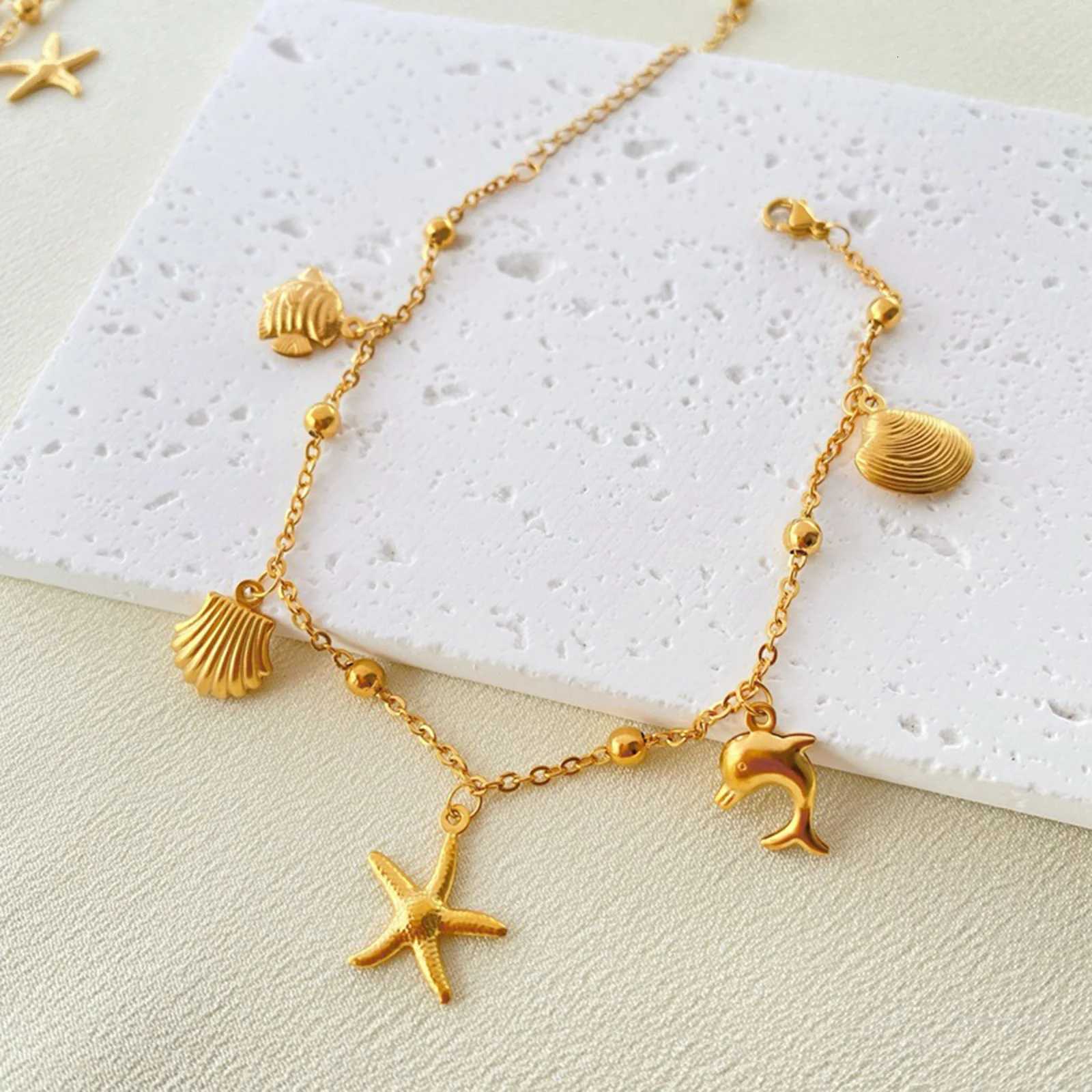 New Stainless Steel Link Cable Chain Anklet Gold Color Marine Animal Dolphin.Starfish For Women Beach 21cm(8 2/8) Long 1 Piece Y250805