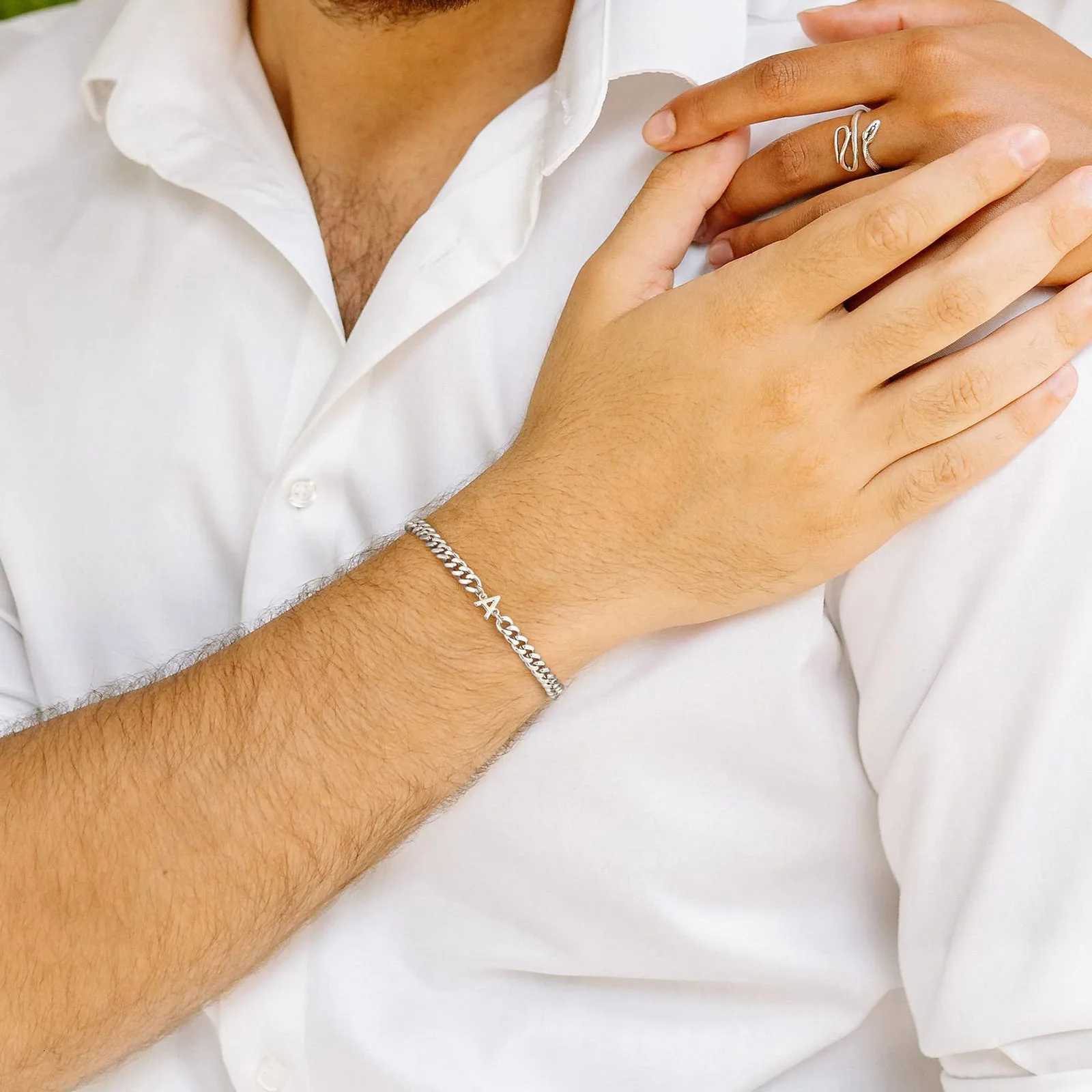 50pcs A-Z Initial Cuban Chain Bracelets for Men Women Silver Color Stainless Steel Curb Links Letters Name Charm Bracelet Gift W250807