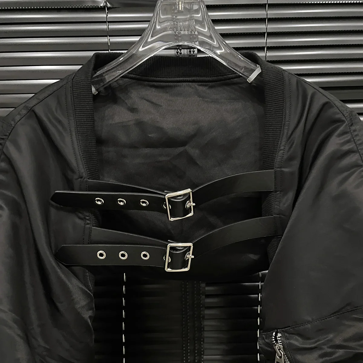 Autumn Niche Design Black Shoulder Vest Womens Leather Flight Plane Style Cropped Jacket Crew Neck Pattern 250807