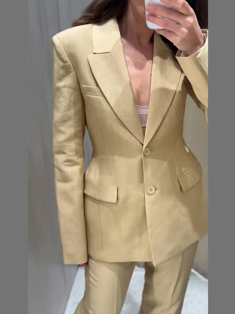 Casual Solid Blazer Pants Sets Women Slim Waist Lapel Long Sleeve Shoulder Pad Jacket High Waist Straight Trouser 2025 Outfits 250804