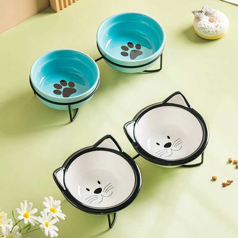 Cute Paw Print Cat Bowl Cartoon Pet Ceramic Bowl Iron Frame Double Bowl Dog Cat Universal High Quality Non-slip Bowl Pet Feeder Y250806