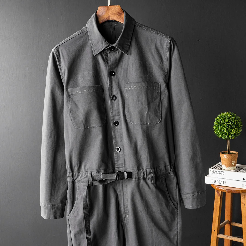 Men Gray Jumpsuits Long Sleeve Adjustable Waist Overalls Pockets Coveralls 250804