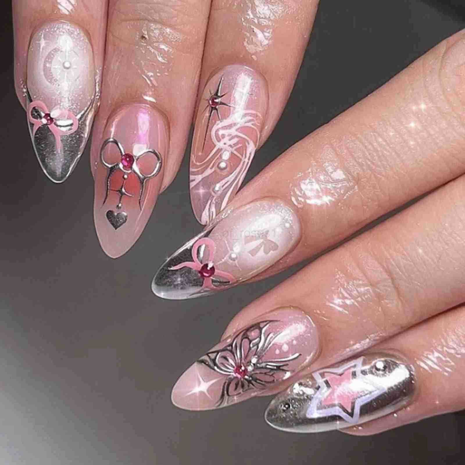 24Pcs Purple Fake Nails Almond Press on Nails Silver Star Designs Full Cover False Nails Tips for Women Y2K Girls Wearable Manicure Z250807