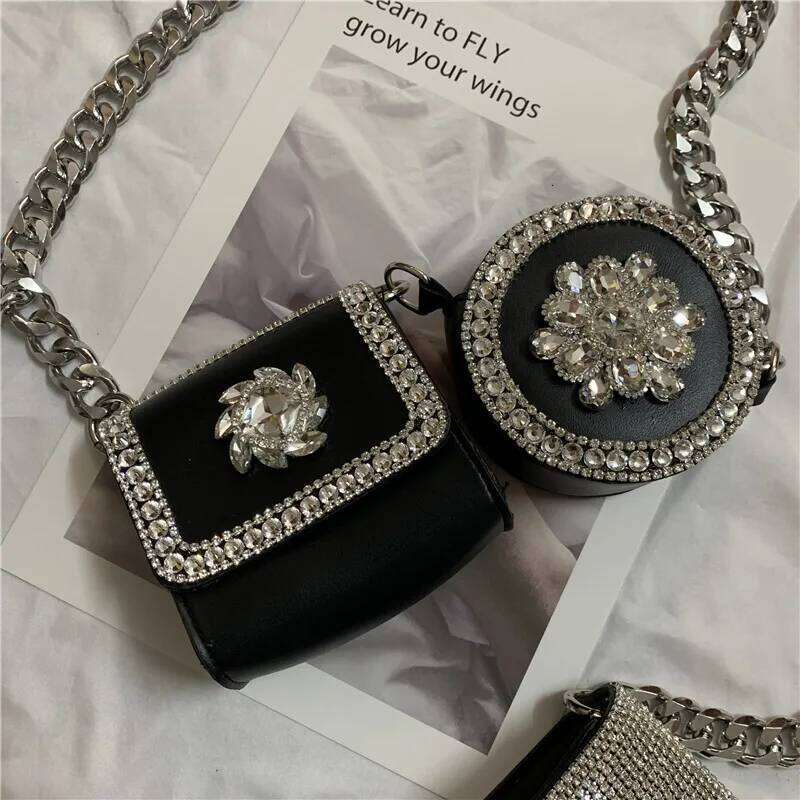 2 Piece Dia Studded Shoulder Bags for Women Mini PU Crossbody Decorate Chain Chest Designer Handbag Coin Bag