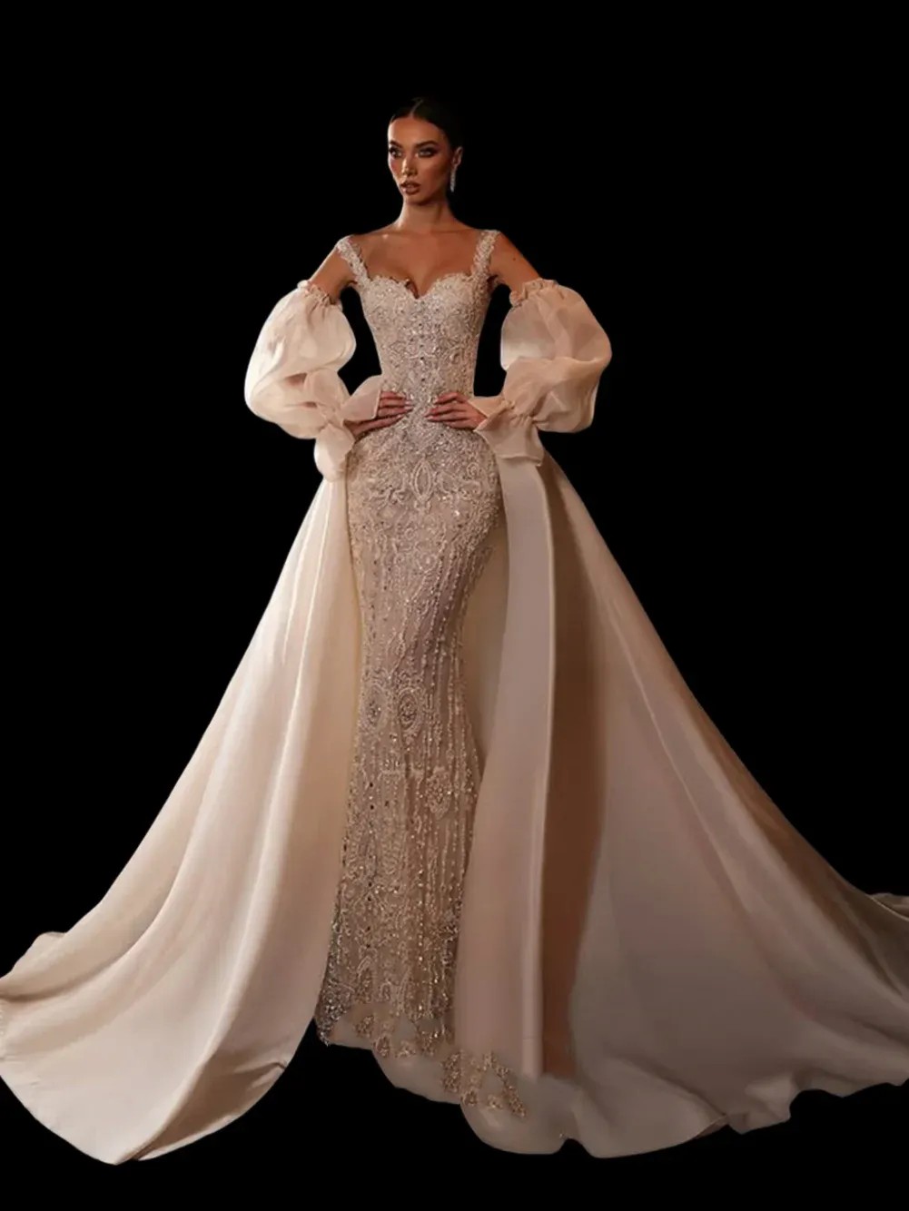 Exquisite Mermaid Wedding Dresses Detachable Sleeves Spaghetti Straps Sequins Appliques Beaded Bridal Gowns Plus Size Custom Made Vestido de novia