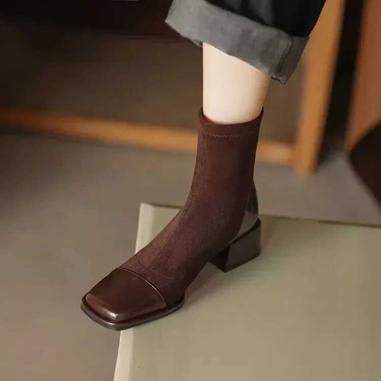 Women Fi Square Toe Chunky Heel Short Boots New Autumn Winter Elastic Skinny High Heels Shoes Womens Shoes XJ250807