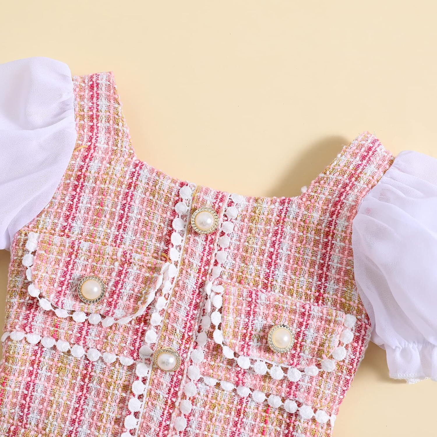 Toddler Baby Girls Tweed Plaid Dress Square Neck Puff Short Sleeve Fake Pockets Elegant Party Clothes