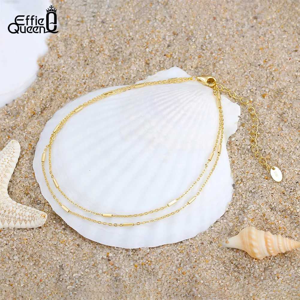 Effie Queen 14K Gold Double Cable Chain Anklet Horizontal Bar Decor 925 Sterling Silver For Women Anklets Fine Jewelry Gift SA35 Y250805