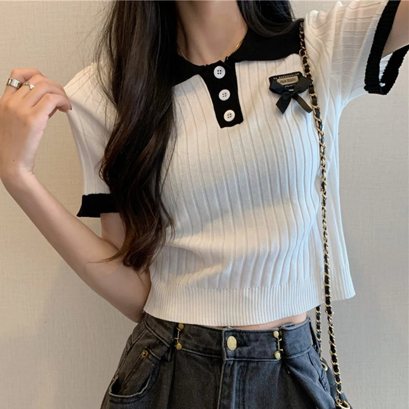 HELIAR Women Knitted Polo Neck Tshirts Short Sleeve Buttons Bowknot Sweet Top Patchwork Solid Shirt Beach Tees Spring Summer 250729