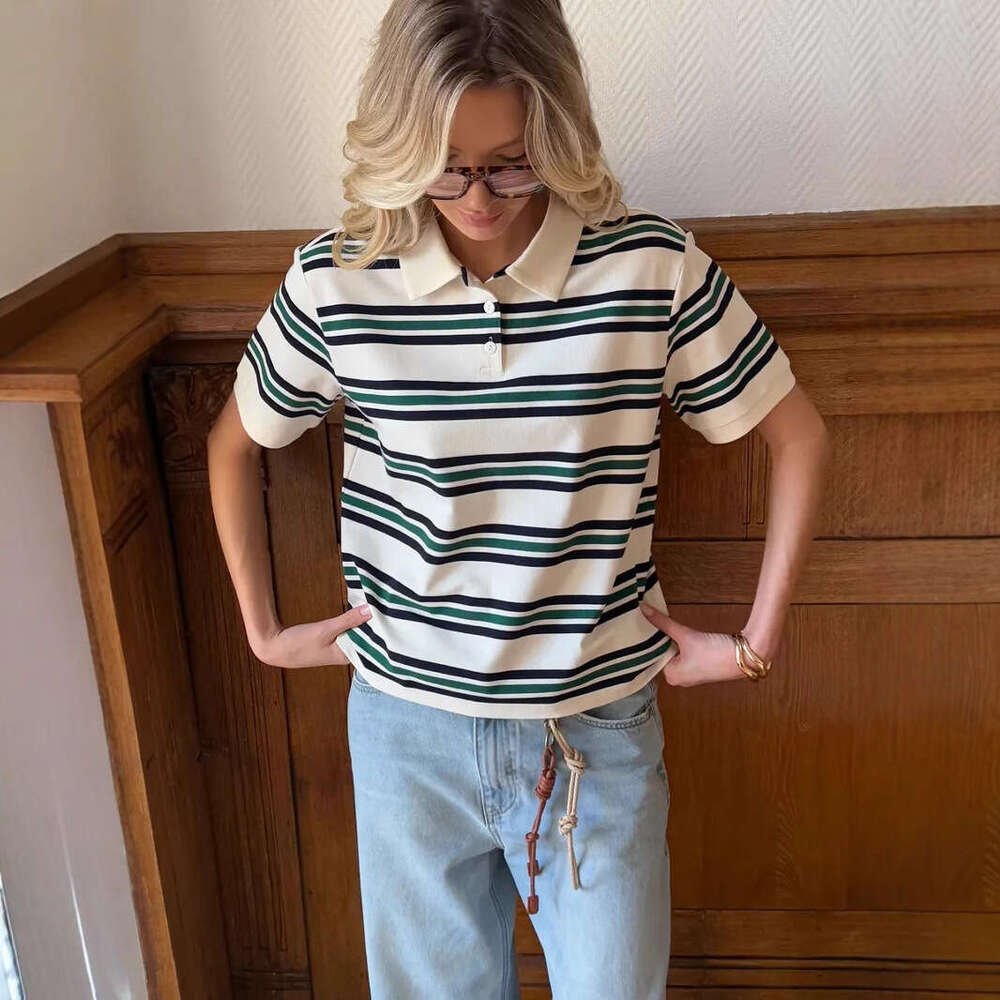 Summer New American Style Color Block Striped Polo Shirt Loose Short Sleeve T-Shirt For Women Ins B5 h7