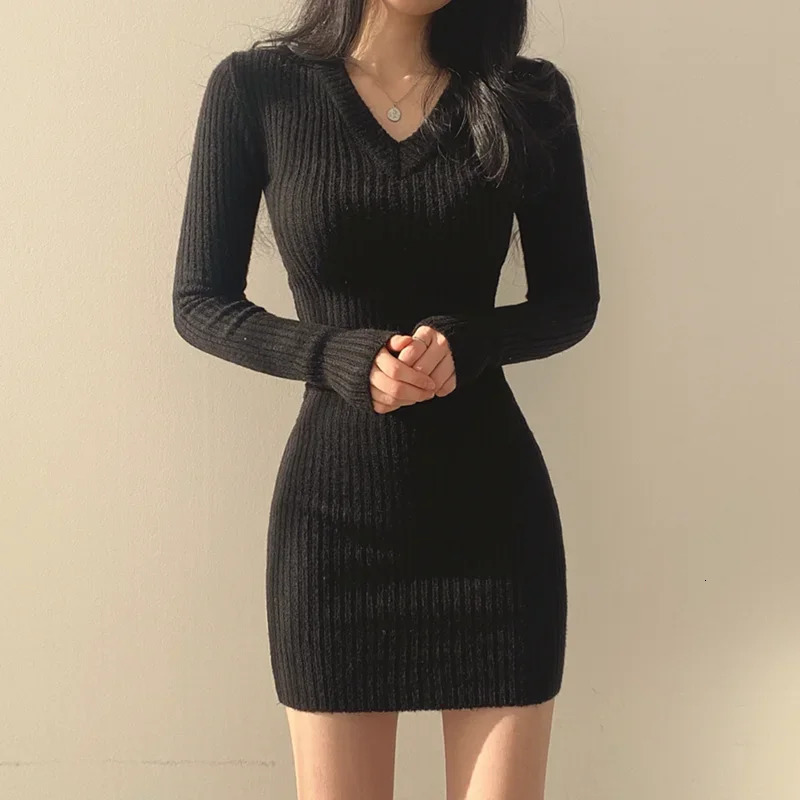 Chic V Neck Gray Knit Sweater Dress Women Korean Casual Elegant Long Sleeve Slim Solid Dress Female Fall Winter Midi Dress 250806