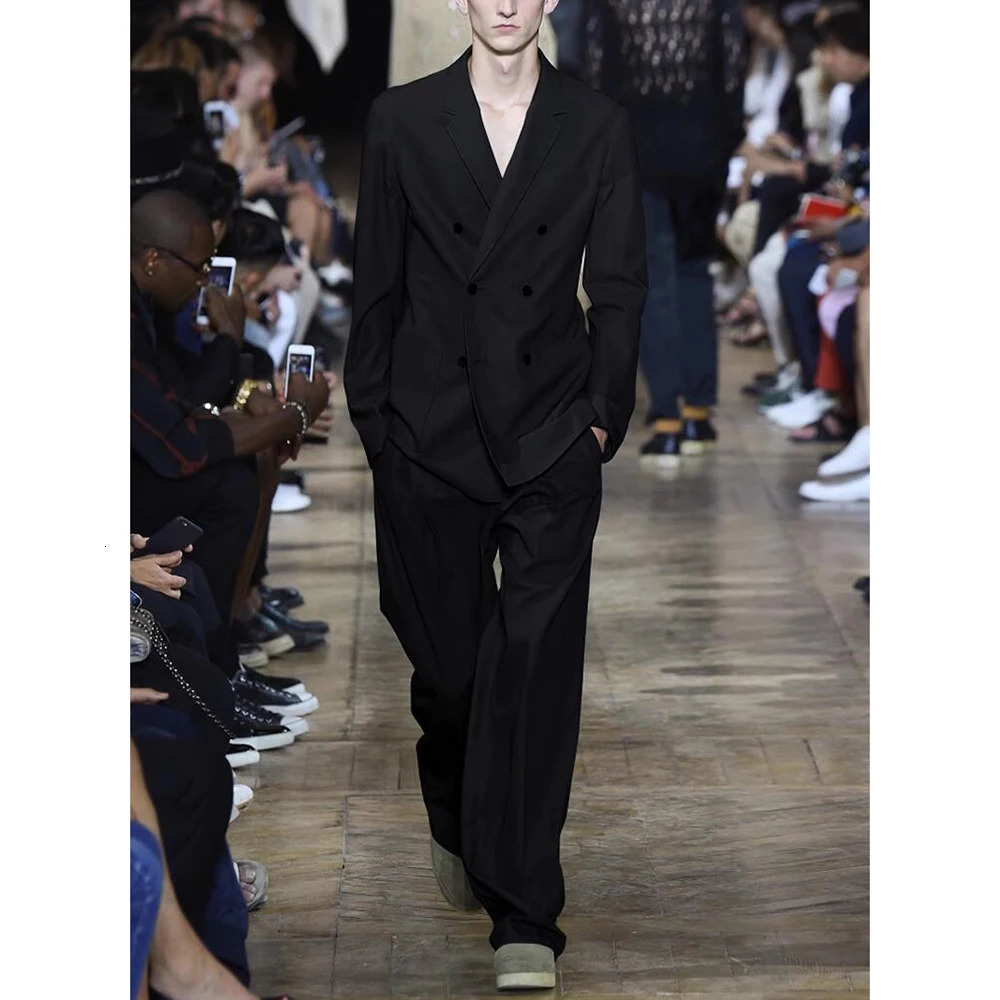 Chic Men Suits Solid Color 2 Piece Set Fashion Notch Lapel Double Breasted Loose Male Suit Business Wedding Casual Blazer Pants 250807