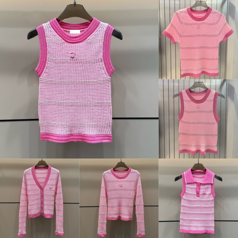Y2k Style Pink Knit Tops Women Designer Hollow Out Striped Knitted T Shirts Summer Trip Vacation Party Sweater Tees