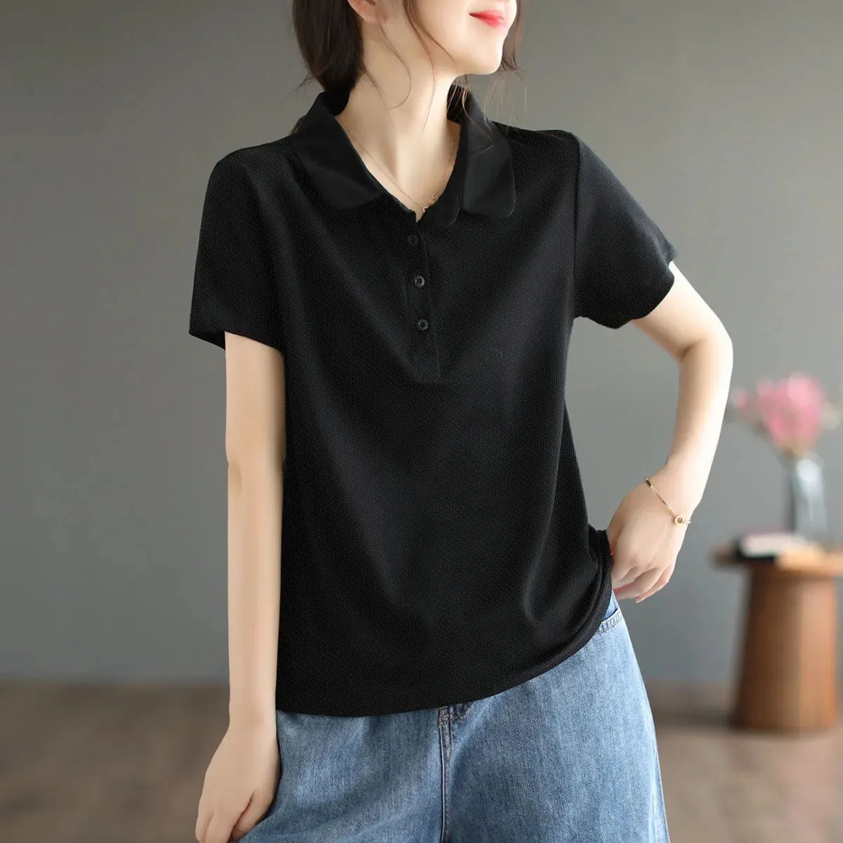 summer polo tshirt shortsleeved threecolor trend basic ladies button casual office formal blouse 2024 250729