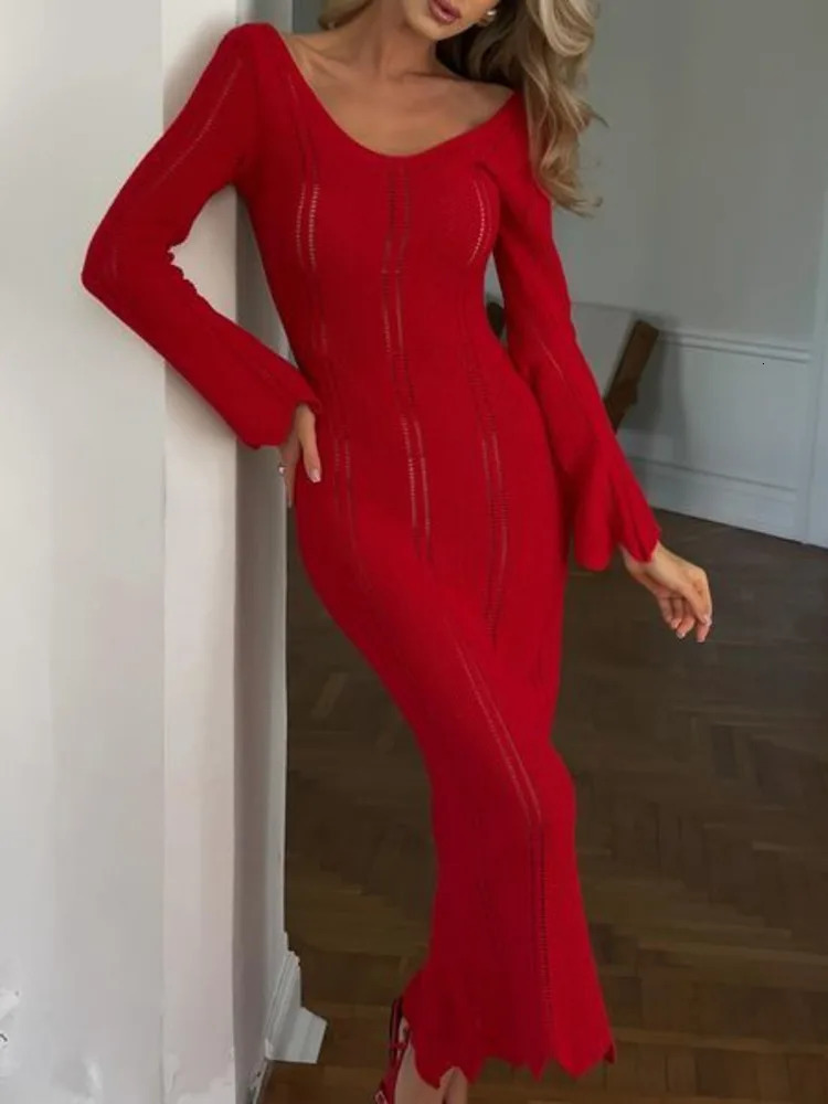 Articat Elegant Knitted Sweater Long Sleeved V-neck Dress Women Slim Hollow Out Female Vesidos Party Club Evening Dress Vacation 250806