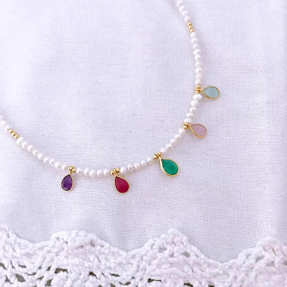 Fashion Charm Natural Pearl Beaded Necklace Multi-color Water Drop Pendant Decoration Collar Man Women Bohemian Stone Jewelry 250730