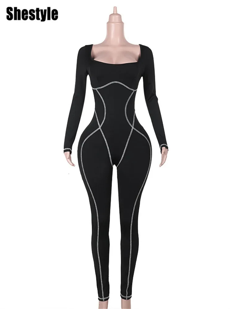 Shestyle Line Square Neck Sporty Jumpsuits Women Black Casual Bodycon BodyShape Slim High Street Playsuit Fitness Clothing 250807