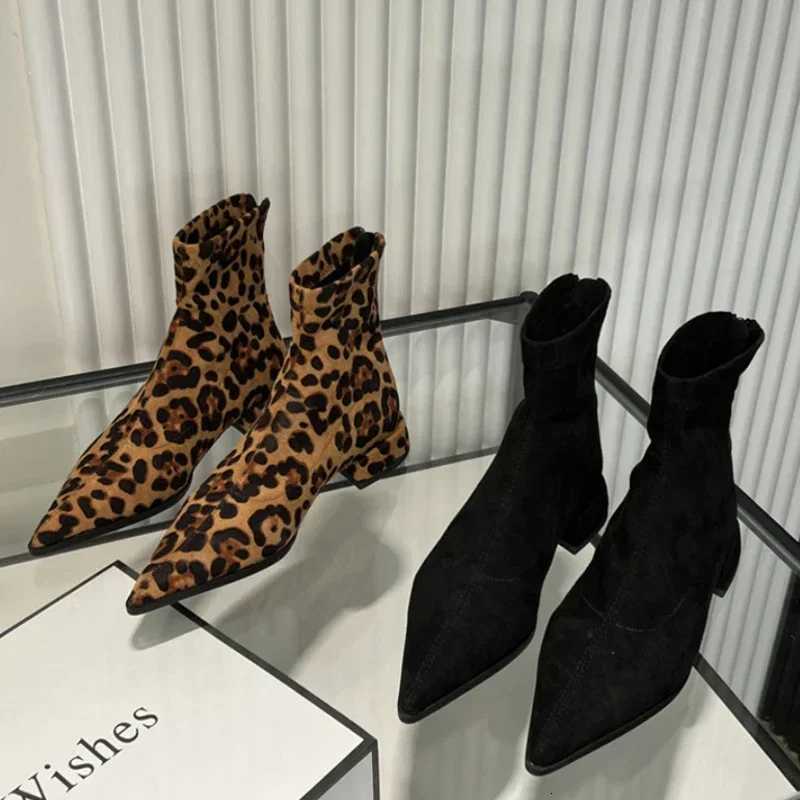 Leopard Ankle Boots Women Pointed Toe Heels Shoes Sexy Designer Gladiator Short Boots Low Heels New Goth Womens Chelsea Boots XJ250807