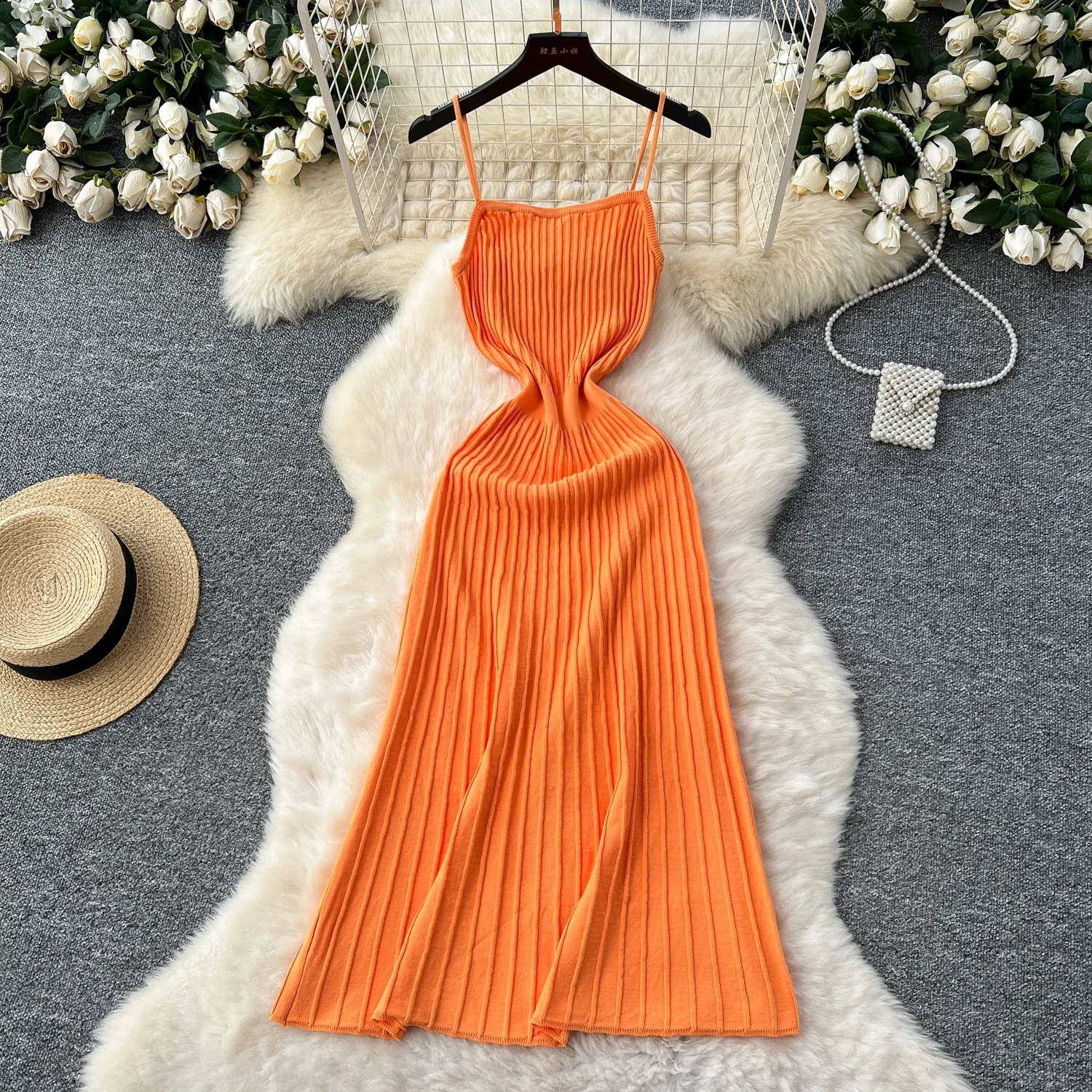 Summer Knit Spaghetti Strap Dress Sleeveless Elastic Waist Slim Simple Style Gentle Casual A Line Female Maxi Long 250807