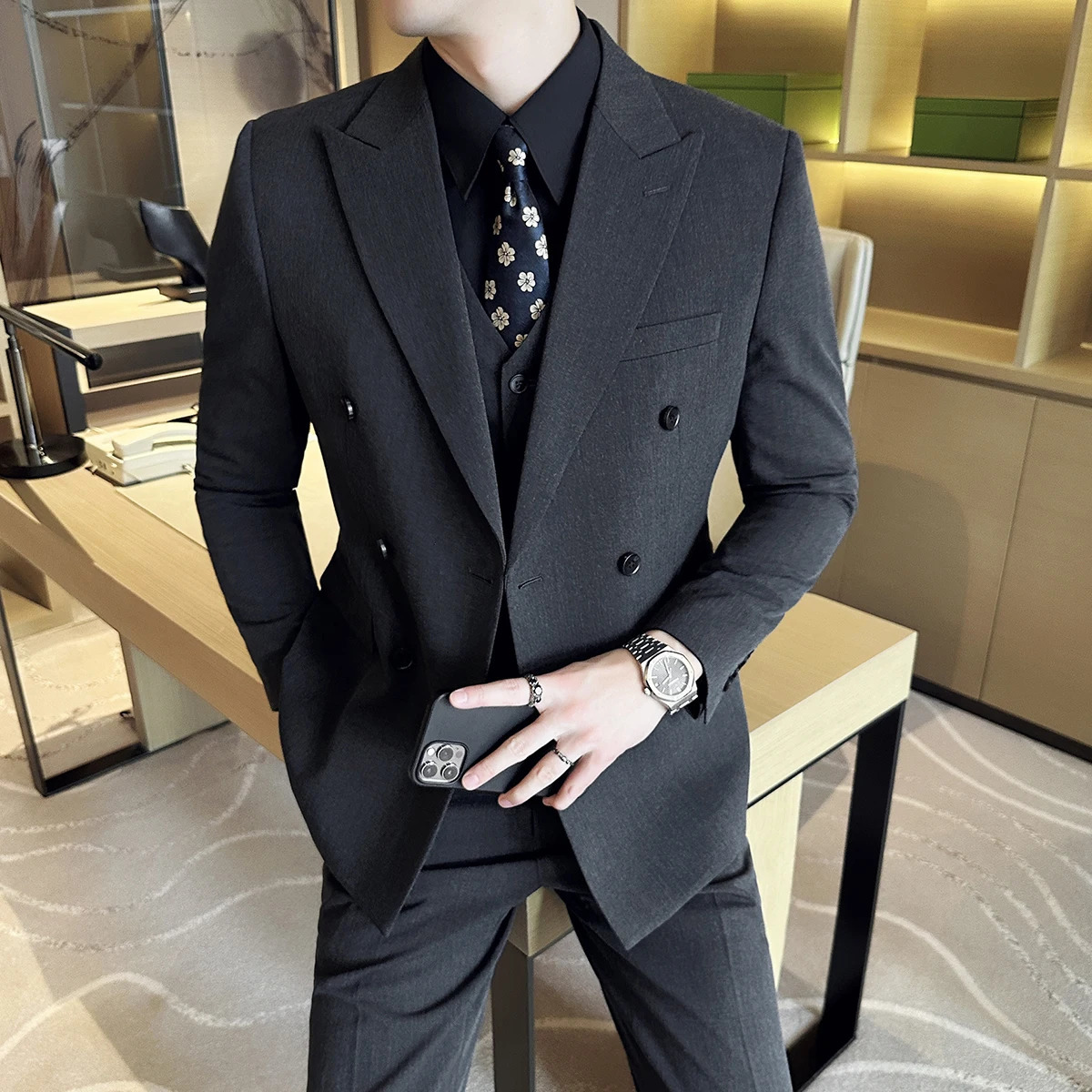 M6XL Blazer Vest Pants High end Gray Black Mens Casual Business Double breasted Suit Grooms Wedding Slim 250807