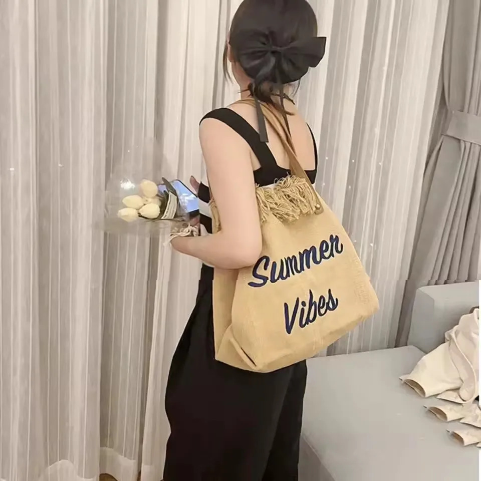 Handbag Woman Bag Summer Simple Niche Travel Beach Tote Bag Tassel Letter Embroidery Fashion Large Capacity Shoulder Bags 2025 250805