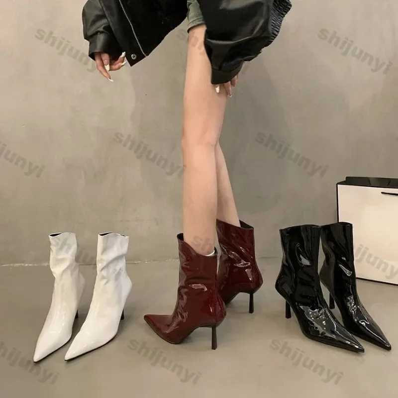 Women Sexy Pointed Patent Leather Ankle Boots Spring Autumn New Solid Color Stretch Slip Booties Women High Heels Skinny Boots XJ250807