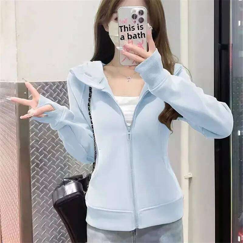 Cerulean Blue Slimming Yoga Wear Women's Hooded Sweatshirt Petite Spring Autumn 2024 New Style Casual Zip-Up Cardigan