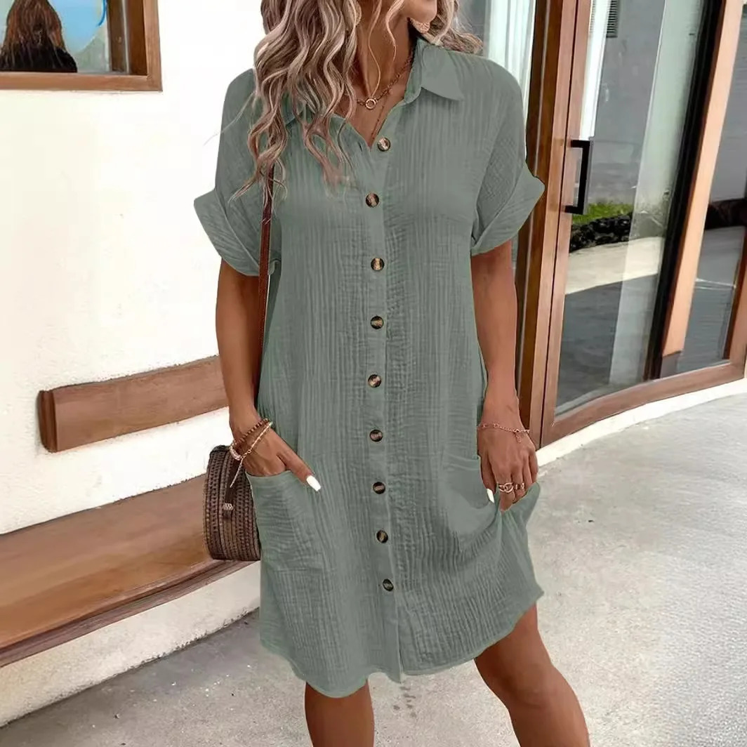 Fashionable Spring/Summer Minimalist V-neck Button Dress Elegant Womens Yellow Short Sleeved Flip Collar Pocket Shirt Dress 250806
