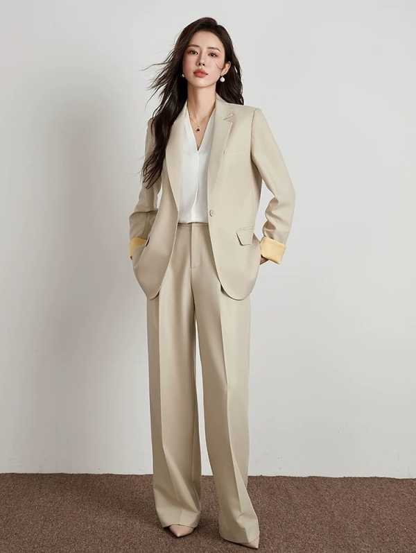 Fashion Women Suits 2 Piece Blazer Pants Loose Peak Lapel Long Sleeves One Button Business Office Women Customized