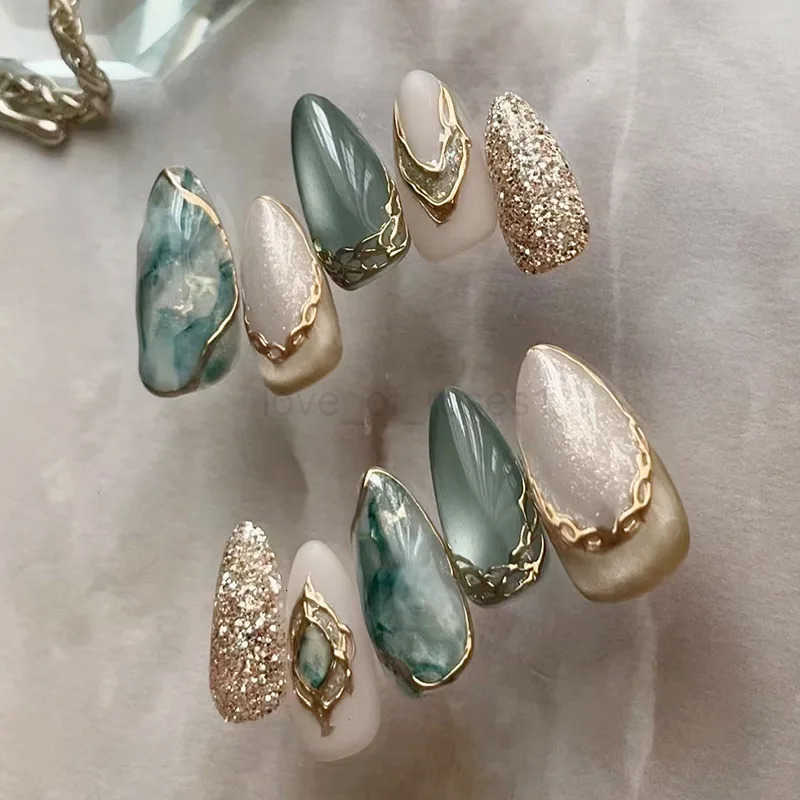 24pcs Gradient Pink Almond False Nail Tips Wearable Cats Eye Smudge Design Nails Set Press on Sweet Butterfly Flower Fake Nails Z250807