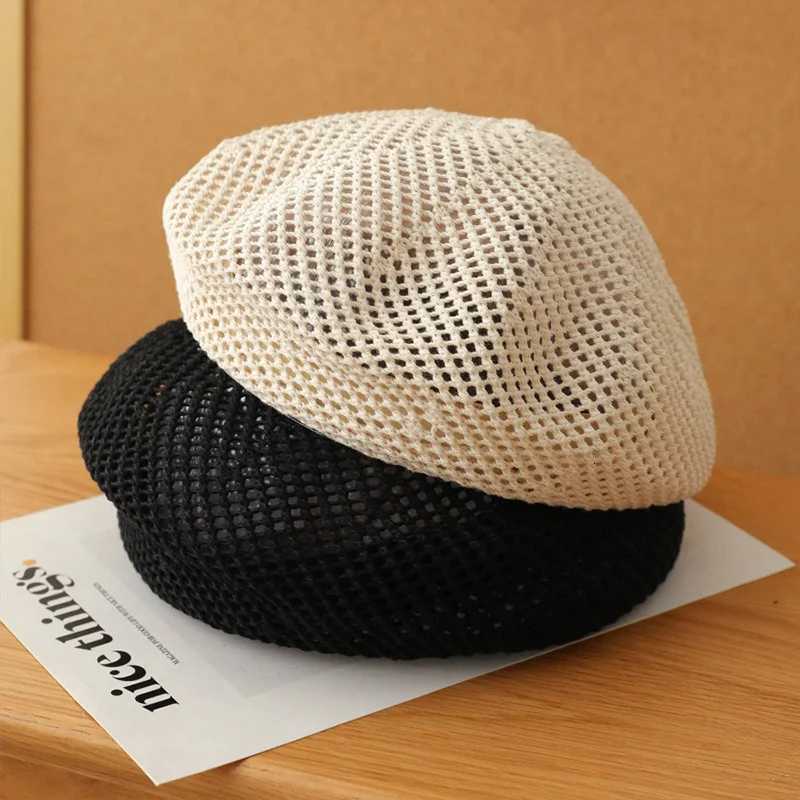 Korean Str Woven Berets for Women Summer Thin Hollow Mesh Painter C Solid Color Breathable Female Pumpkin Hats XJ250807