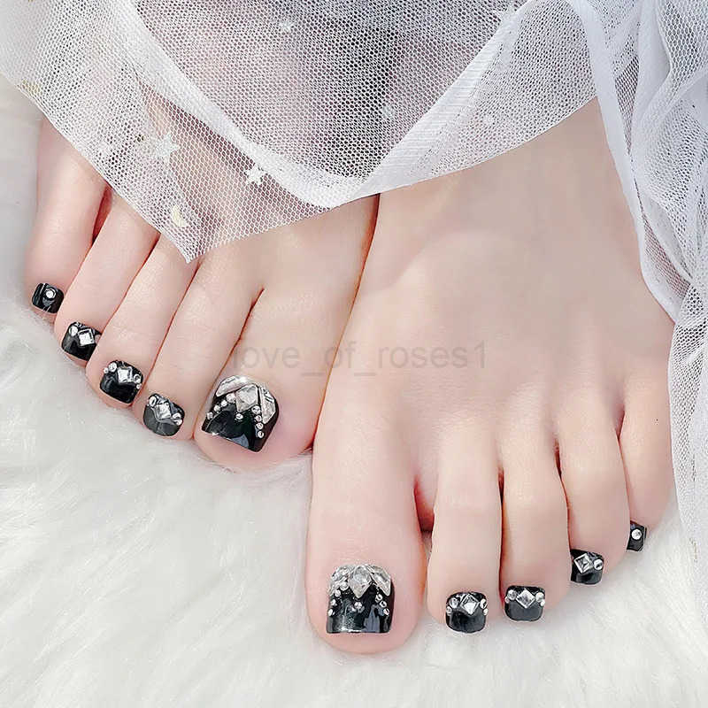 Black Short Fake Toenails 24Pcs Square Press On Toe Nails Charms Silver Sequins Rhinestone Decor Summer DIY Manicure For Women Z250807