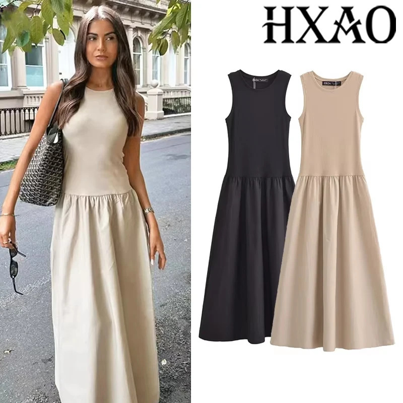 HXAO Khaki Elegant Long Dresses 2025 Womens Spring Sleeveless Black Fashion Casual Party Y2k Dress Vestidos For Female 250807