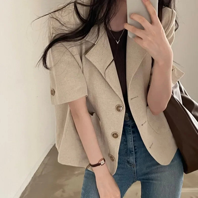 Korean Chic Summer Of The Season Vintage Collar ThreeButton Loose Casual Short Sleeve Linen Suit Jacket Womens Fashio 250807