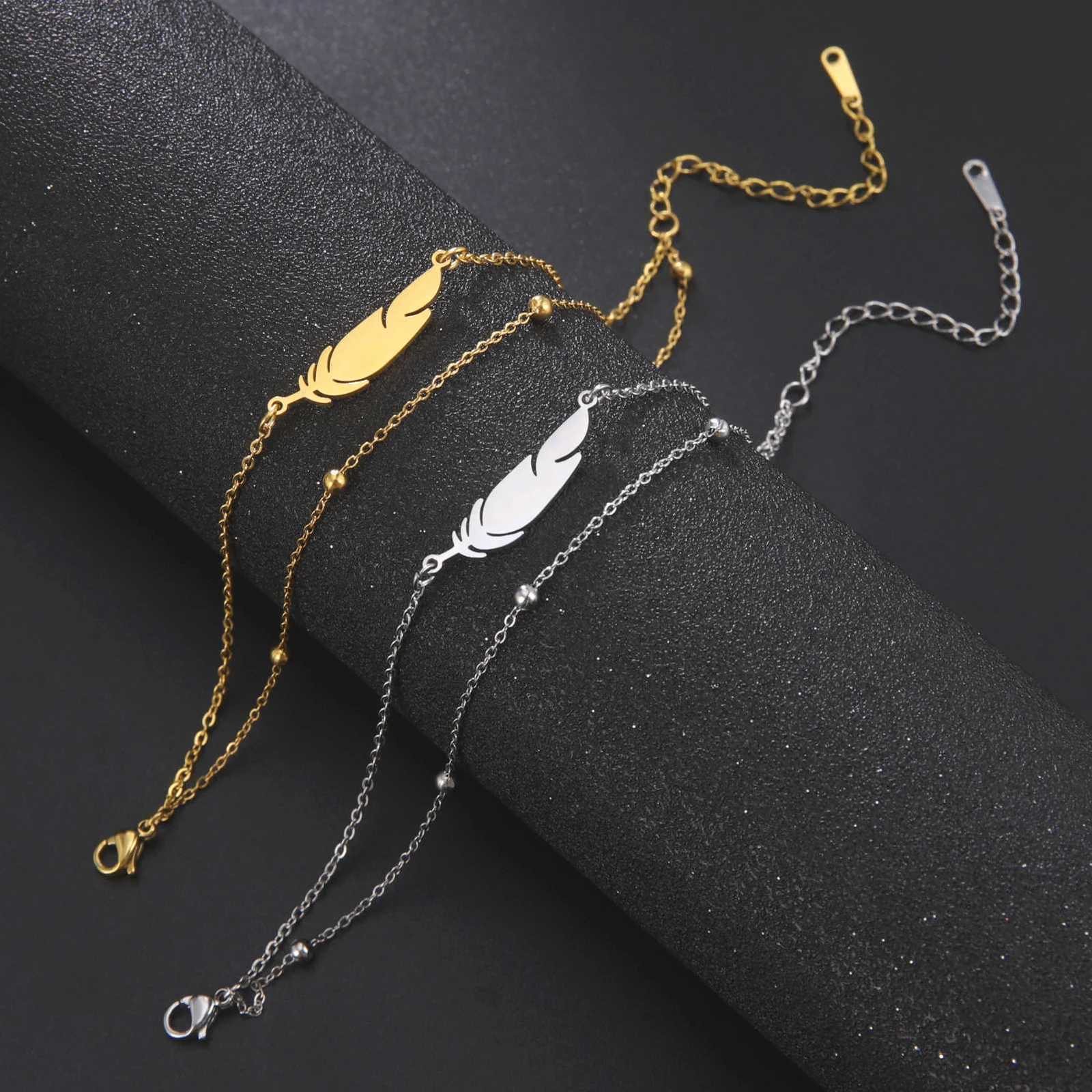 Kkjoy Ankles of Women Men Silver Color Feather Stainless Steel Double Foot Chain Beach Style Trendy Female Jewelry Accessories Y250805