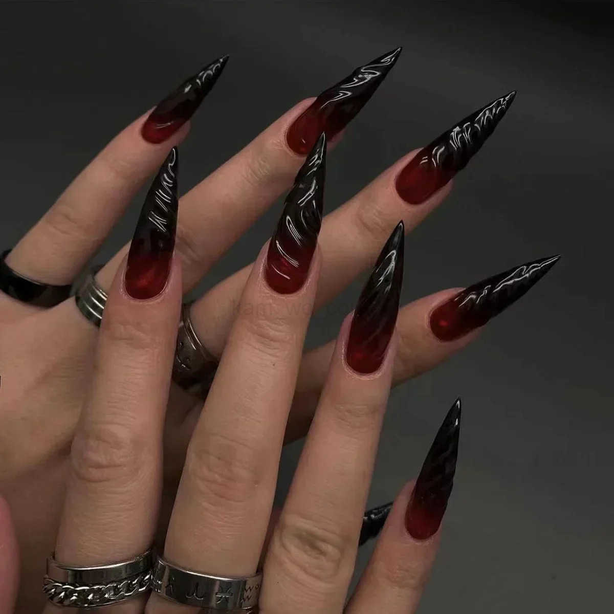 24pcs Halloween Fake Nails Black Red Gradient False Nails Dark Halo Wave Artificial Nails Wearable Long Stiletto Nails with Glue M250807