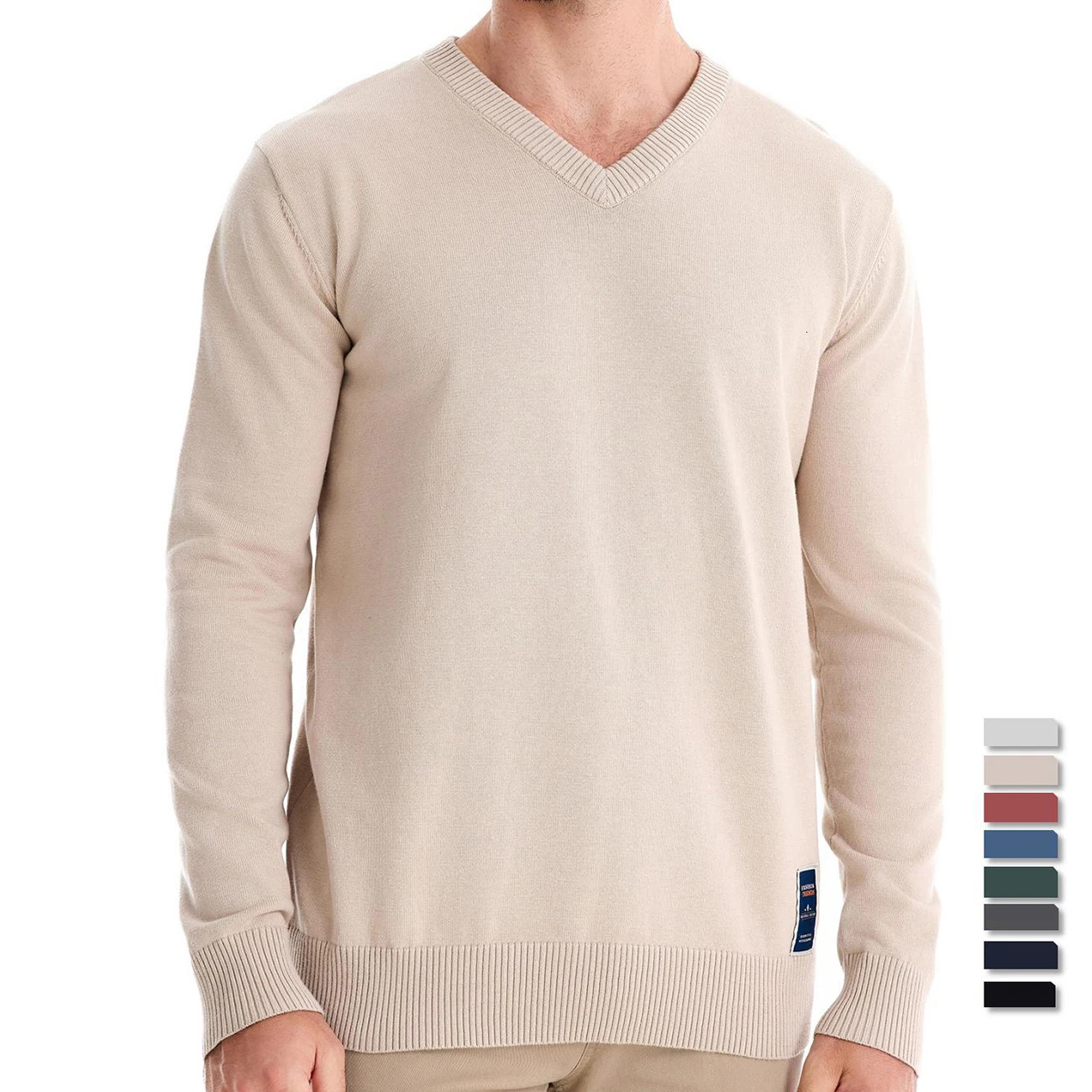 AIOPESON Mens V-neck Solid Cotton Pullover Sweaters Long Sleeve Casual Social Knitted Sweaters for Men 250804