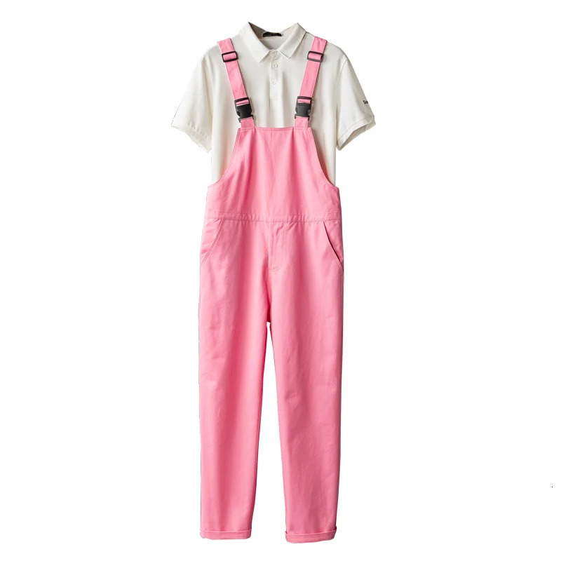 Men Pink Bib Overalls Casual Adjustable Suspenders Jumpsuits Y2K Loose Straight Pants 250804