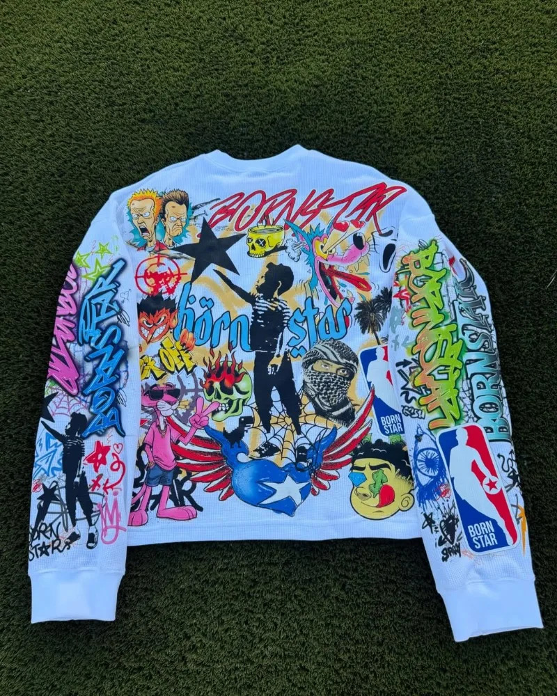 Harajuku Casual Hip-hop High Street Trendy Oversized Long-sleeved Tops Men Y2k Gothpunk Animation Printed T-shirt Men 250807