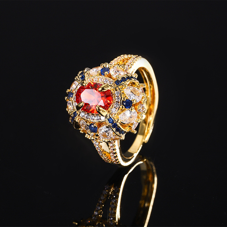 Gold Tone Ornate Cluster Ring With Red, Blue And Clear Gem Accents Glam Occasion And Statement Accessory Gift For Her Luxurious And Colorful Jewelry