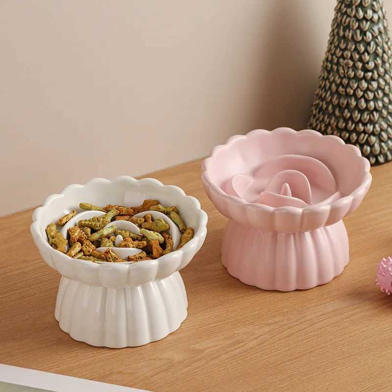 Ceramic Elevated Cat Food Bowl Cats Small Dogs Slow Feed Bowls Anti-choking Pet Eating Feeders Anti-gulping Puppy Supplies Y250806