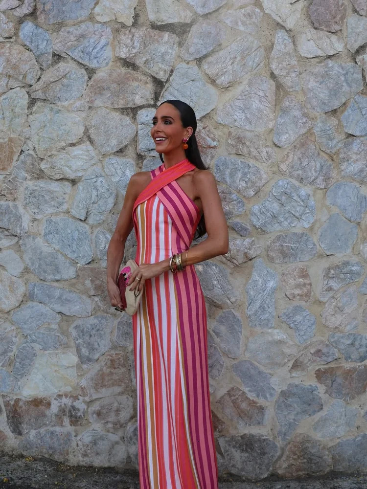 Contrast Color Stripe Sleeveless Halter Dress Summer Women Backless Lace Up Slim Long Dresses Lady Highstreet Party Robes 250728