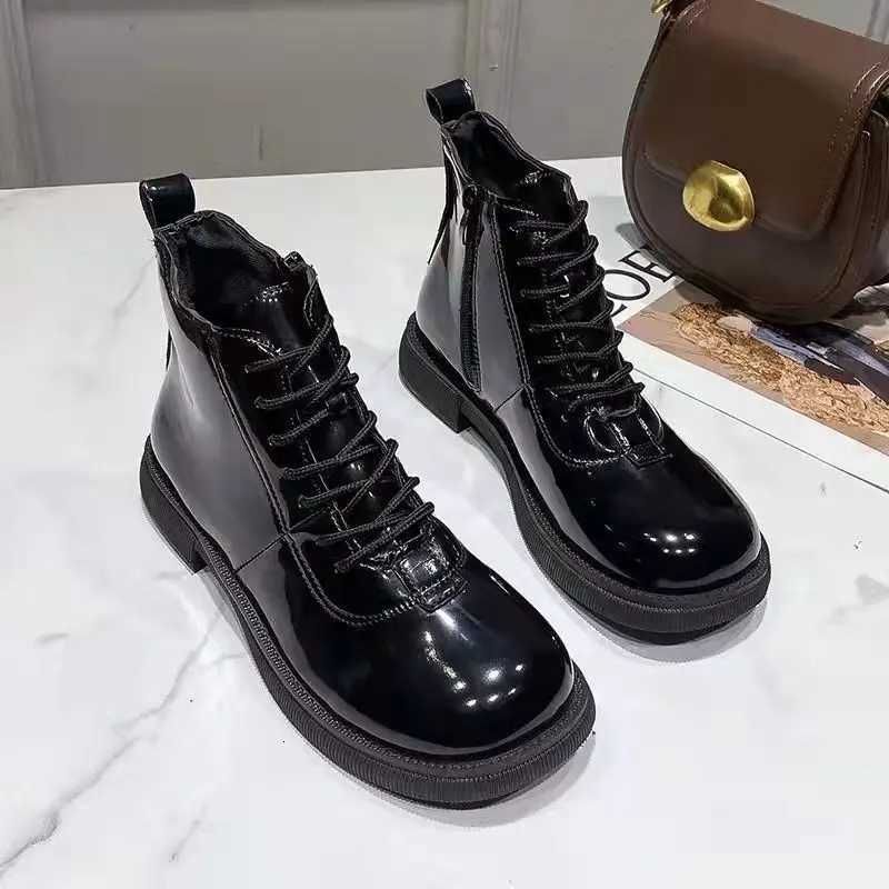 Black Short Shoes for Women Female Ankle Boots Lace-up with Laces Leather Round Toe Footwear Booties Comfortable and Elegant Y2k XJ250807