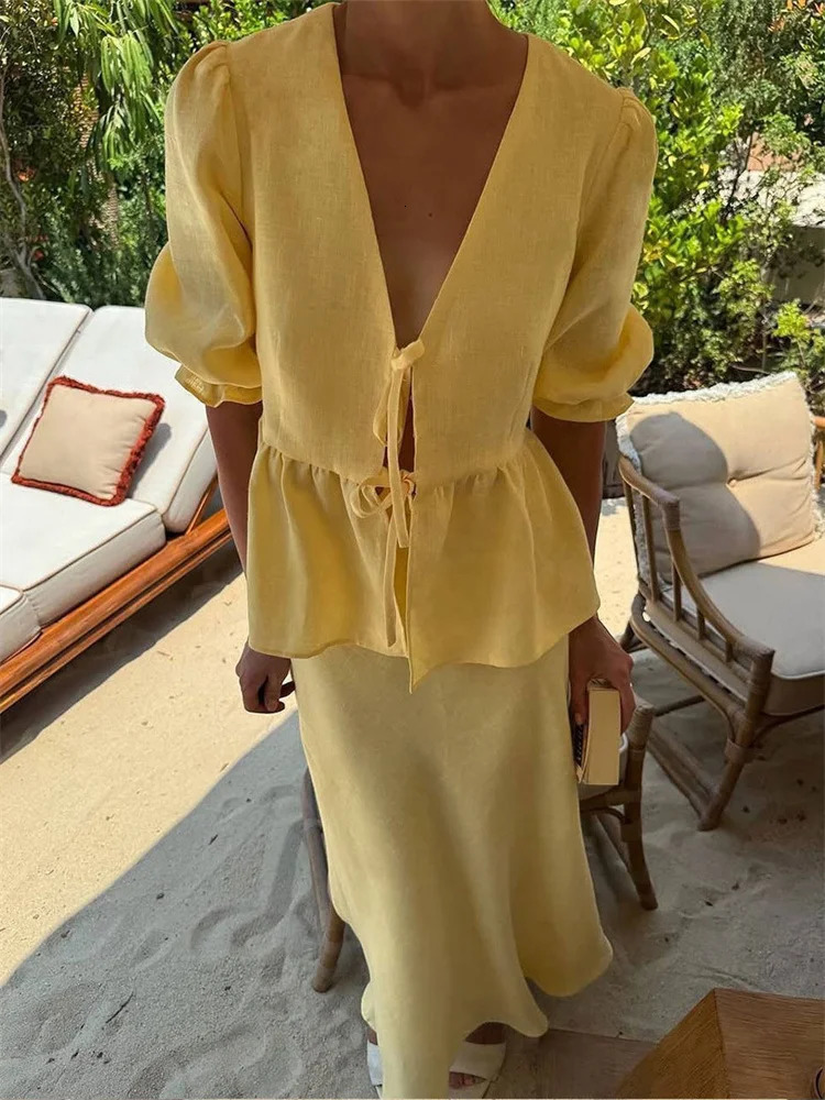 Tossy Summer Ruffled 2 Piece-Set Maxi Skirt For Women V-Neck Lace-Up Short Sleeve Shirts Top And Slim High Waist Long Skirt Sets 250804