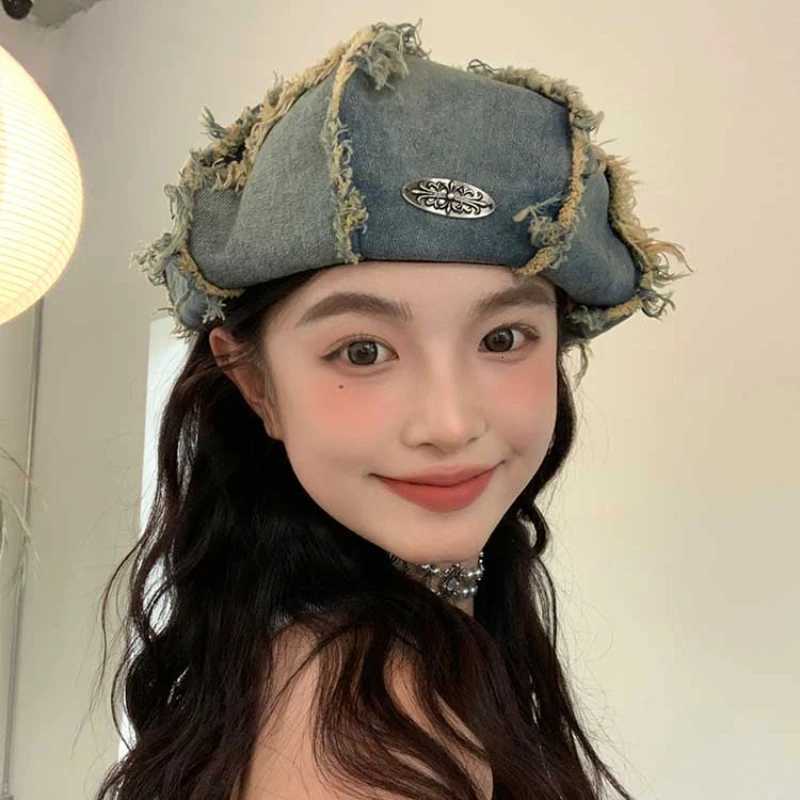 Original Retro Denim Berets Cs for Women 2024 Spring and Summer New Travel Fashion Versatile Big Head Octagonal Hats Men XJ250807