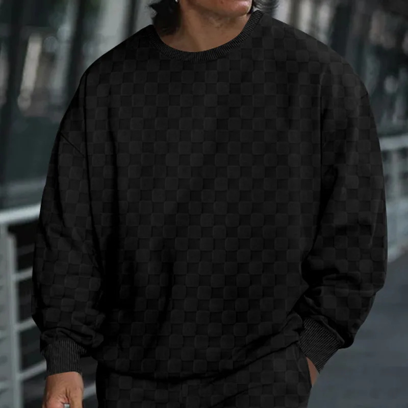 Crossborder mens clothing autumn and winter heavy jacquard checkerboard round neck casual bottoming shirt knitted long sleeves 250807