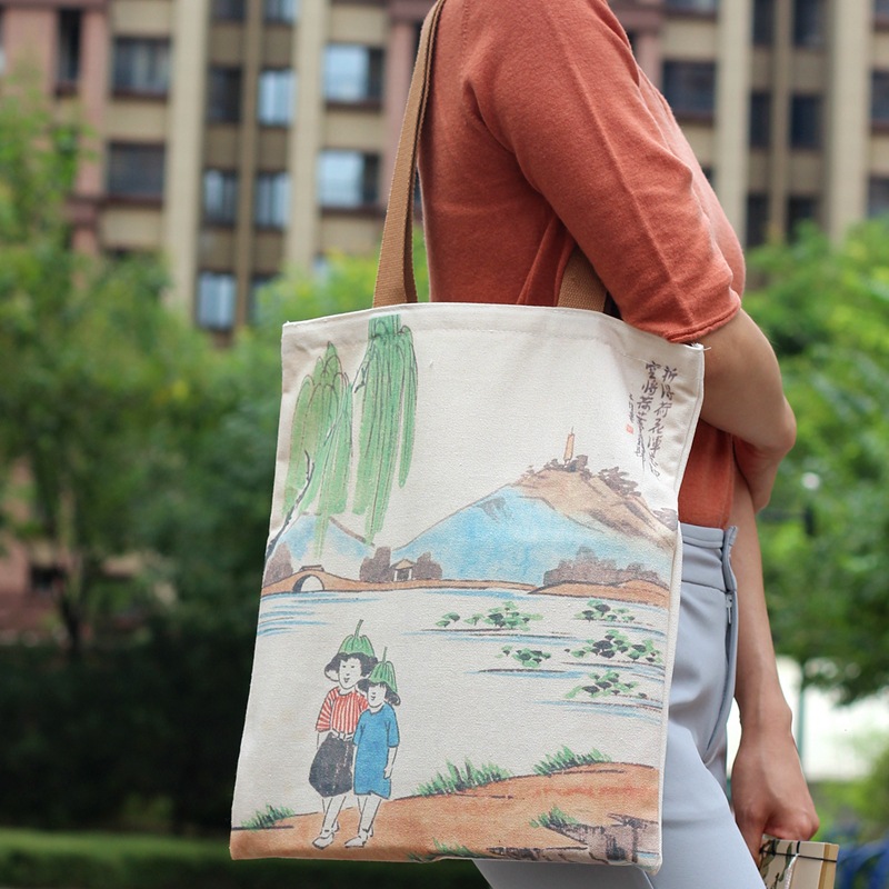 Vintage Landscape Shoulder Shopper Bag Barcelona Santorini Positano Women Shopping Bags Double Print Lady Canvas Handbags Tote