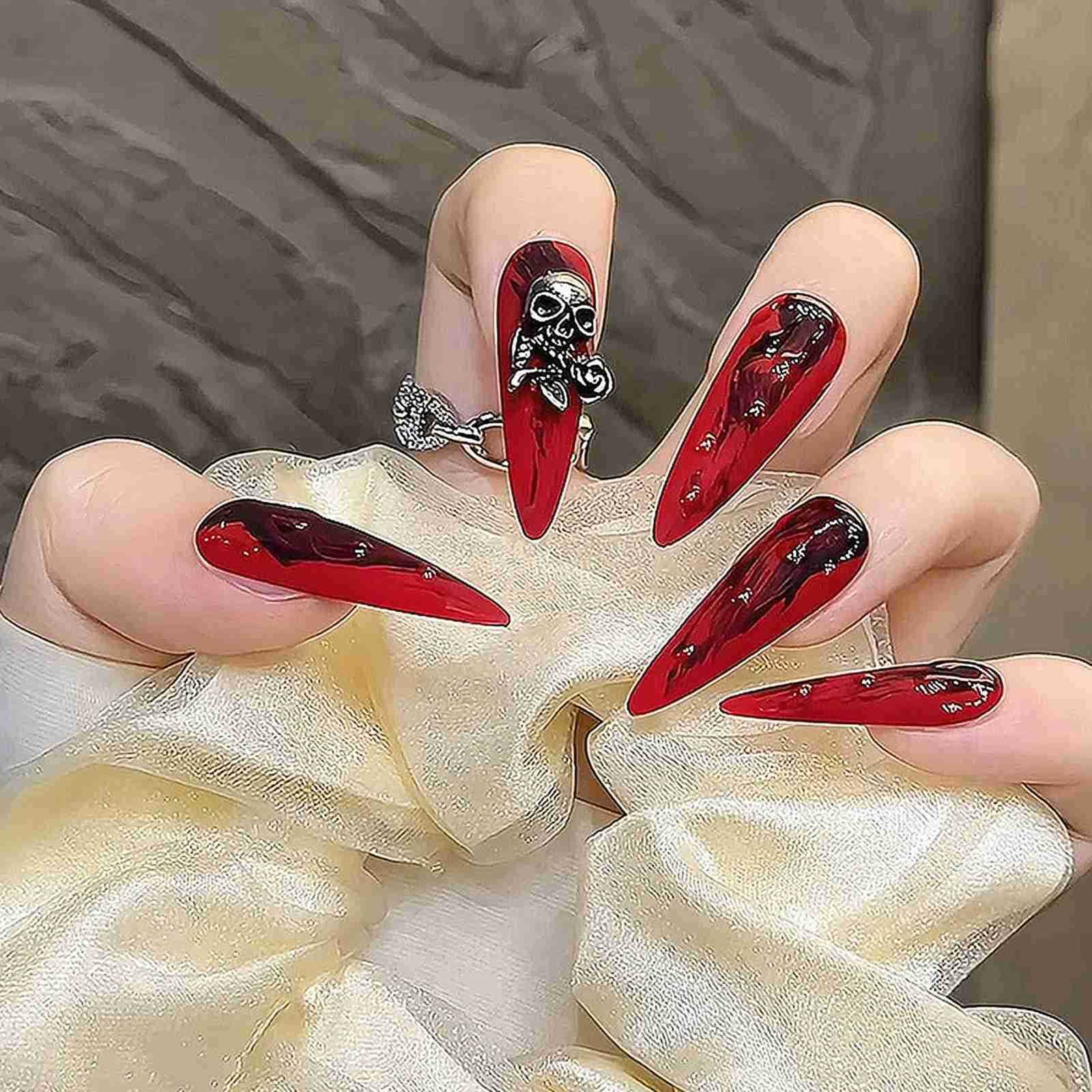 Handmade Press On Nails Red Long Stiletto False Nails With Metal Ghost Designs Full Cover Wearable Manicure For Halloween Z250807
